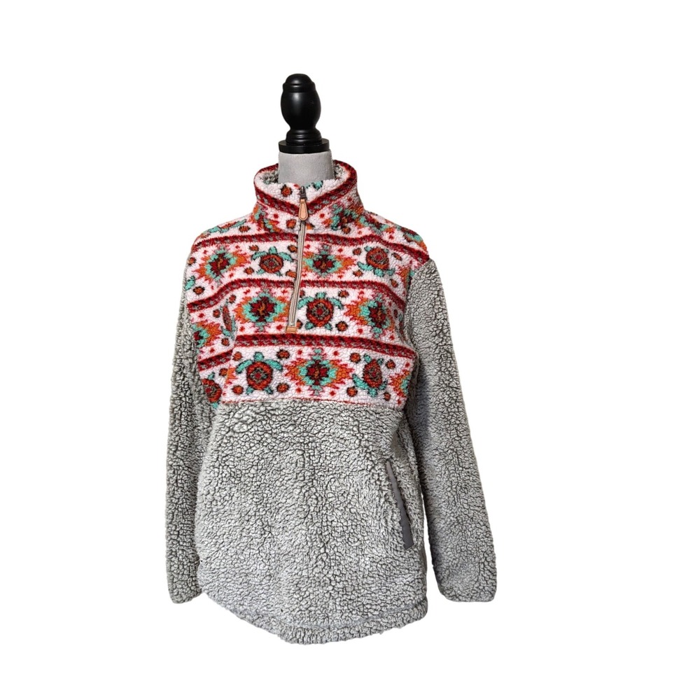 Simply Southern Gray Sherpa Fleece Quarter Zip Turtle Print Pullover Womens M